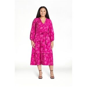 The Pioneer Women Festive Fuchsia 3/4 sleeve Tiered Ruffle Midi Dress  XXL (20)